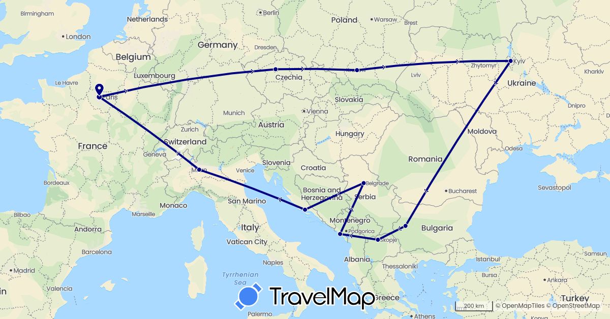 TravelMap itinerary: driving in Bulgaria, Czech Republic, France, Croatia, Italy, Montenegro, Macedonia, Poland, Serbia, Ukraine (Europe)